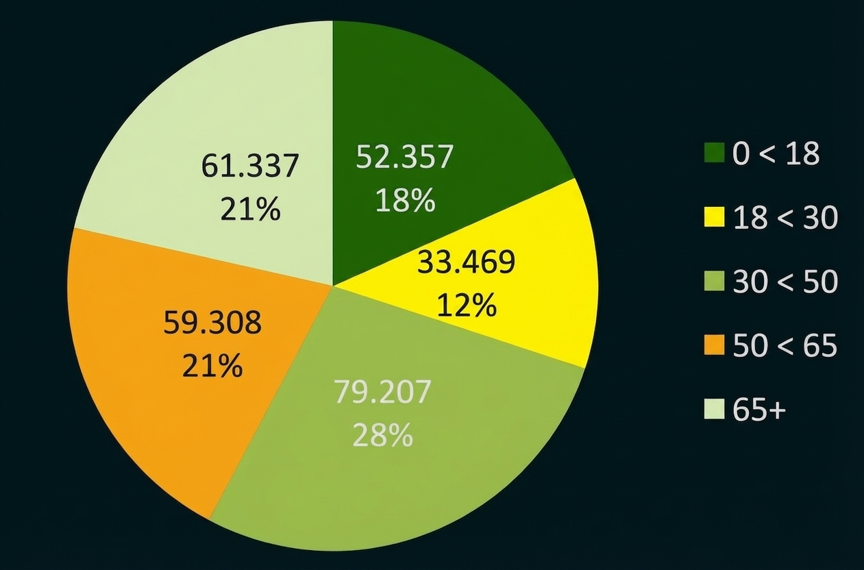 Kreisdiagramm zeigt Altersverteilung in fünf Gruppen (0-18, 18-30, 30-50, 50-65, 65+) mit Prozent- und Zahlenangaben.